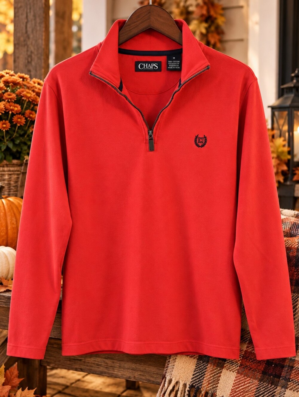 CHAPS Size M Red 3/4 Zip 100% Cotton Pullover Embroidered Logo